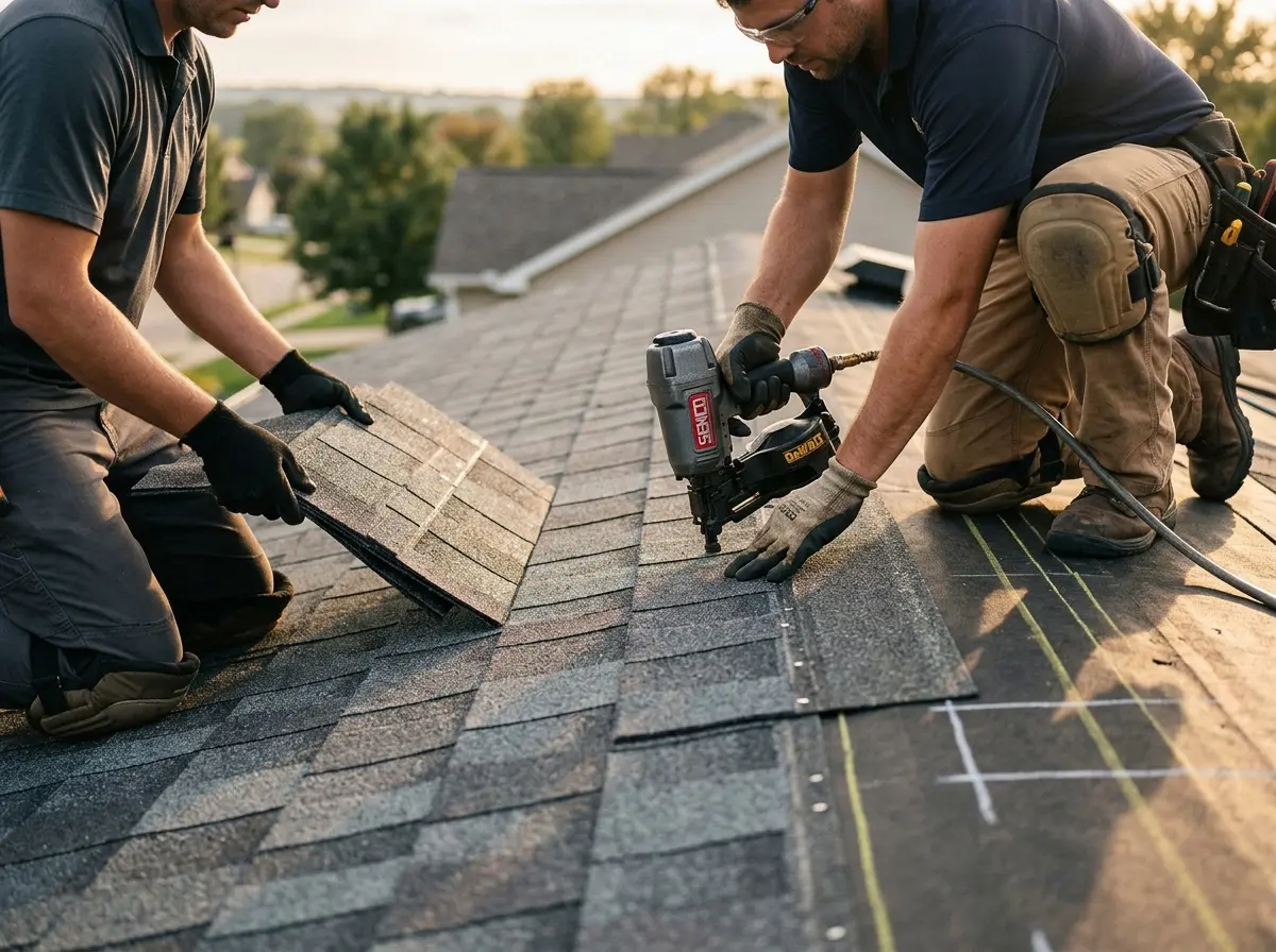 Professional roofer working on a residential roof in Belvidere
